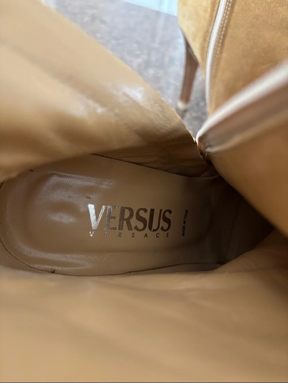 Versace Versus Ladies Camel Suede Bronze booties-7-VINTAGE 90’s
